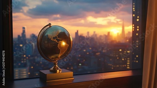 Golden desktop globe with cityscape view at sunset