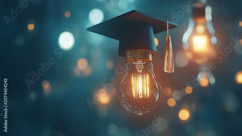 Graduation concept light bulb with cap against bokeh background