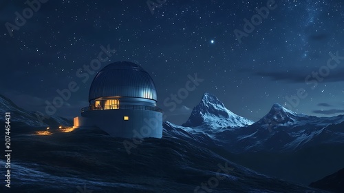 Mountain observatory at night with starry sky and milky way