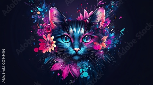 Neon cat portrait with floral elements vibrant digital art illustration