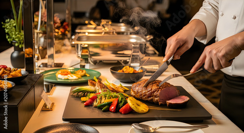 Professional chef cutting grilled beef steak with fresh roasted vegetables on a dark plate in a restaurant