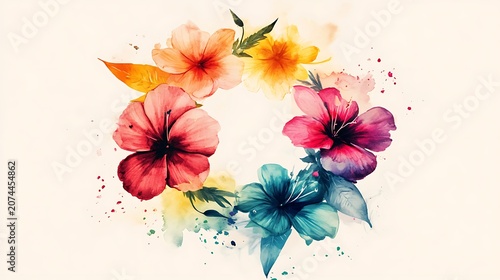 Watercolor floral arrangement with hibiscus and tropical blooms
