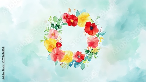 Watercolor floral wreath with red and yellow blooms on teal background