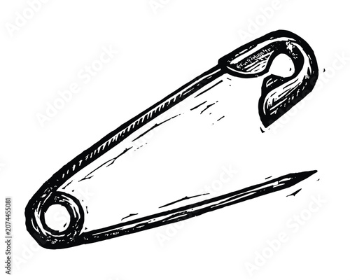 Vintage style safety pin sketch isolated on white background black and white illustration.