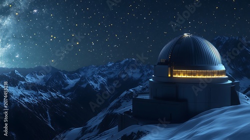Astronomy observatory in snowy mountains under starry night sky