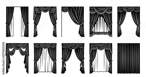 Collection of luxurious decorative window curtains in black vector illustration set design.