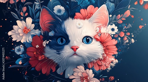 Calico cat portrait with floral crown digital illustration