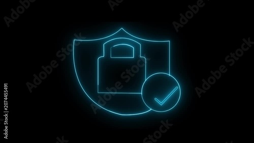 Glowing neon blue color lock animation icon security privacy password protection safety animated on black background. 4k motion graphic animation. 4k video