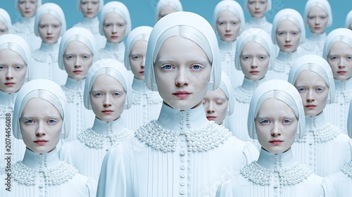 People gathered in a large crowd wear identical white uniforms and head coverings to show uniformity within a social group.