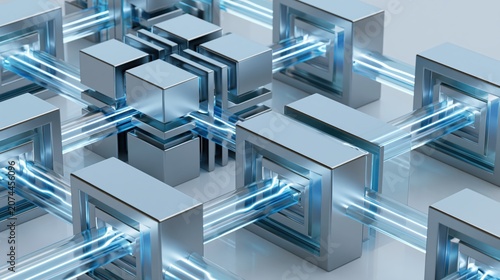 Blocks connected by glowing light streams represent the complex infrastructure of digital networks within a modern ecosystem.