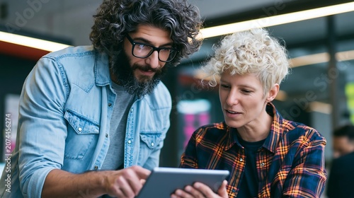 Colleagues examine a mobile tablet screen inside a modern office to collaborate on their upcoming business digital projects.