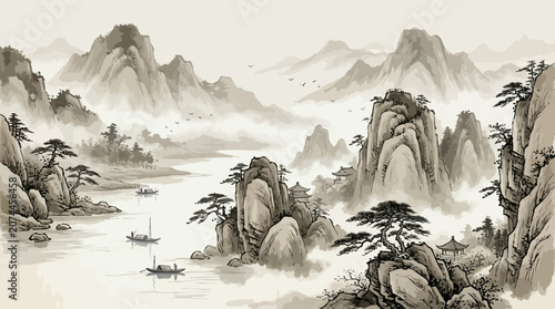 Mountain landscape with traditional chinese ink wash painting style