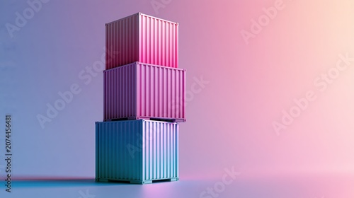Shipping containers displayed in a vertical stack exhibit bold colorful tones for a creative commercial logistics presentation.