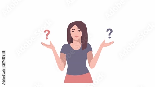 There is a pink and blue question mark above the woman 's hands , she looks from one to the other .