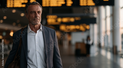 Road-worn regional sales director dragging a carry-on through an empty airport terminal at predawn hours, departure boards glowing overhead, business travel exhaustion evident in