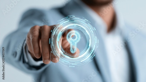 Businessman interacts with a holographic key interface to represent advanced digital security measures in corporate systems.