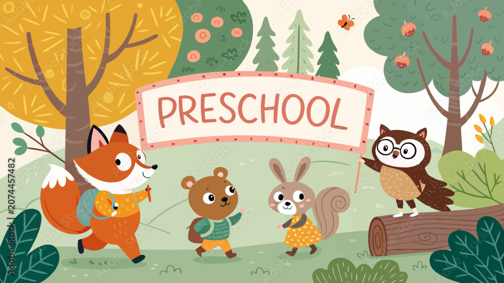 Naklejka premium Cute forest animals with backpacks walking to preschool, vector illustration of a fox, bear, squirrel and owl in a woodland setting with a banner
