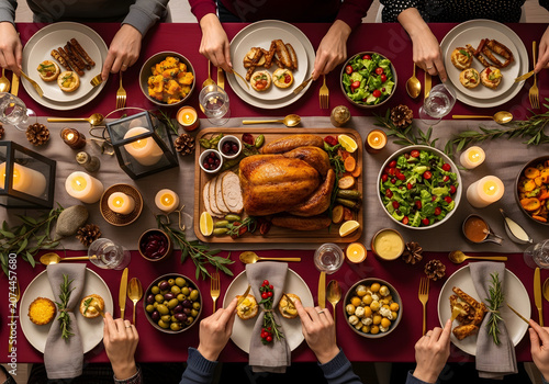 People sharing a festive dinner table with roasted turkey and various side dishes