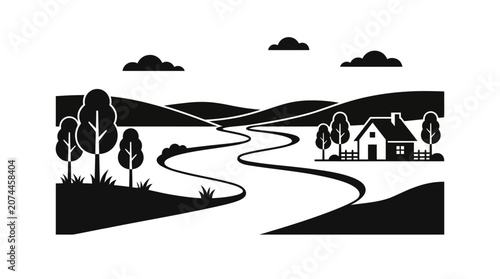 Stylized Countryside Landscape with Winding Road Leading to a House, surrounded by trees and hills