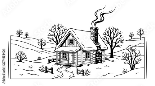 Cozy Winter House with Smoke from Chimney in Snowy Rural Landscape, bare trees and hills
