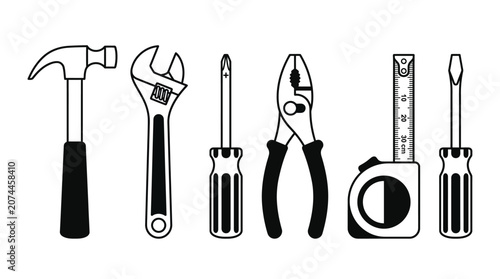 Essential Hand Tools Set with Hammer, Wrench, Pliers, Tape Measure, and Screwdrivers, isolated white background