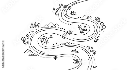 Abstract Winding Road or River Path through Natural Landscape, black and white illustration