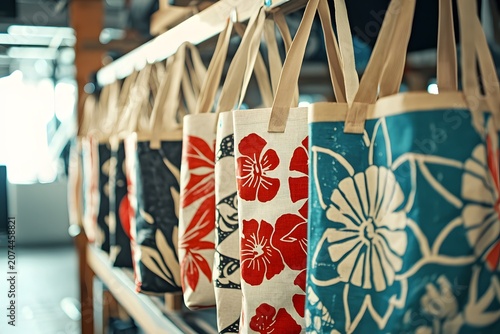 Colorful Screen Printed Floral Tote Bags Hanging in Boutique Shop