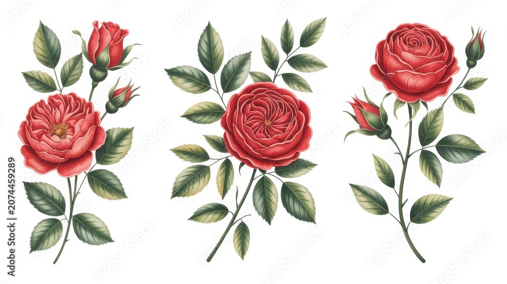 Fototapeta premium Four red roses with green leaves and stems in a decorative arrangement