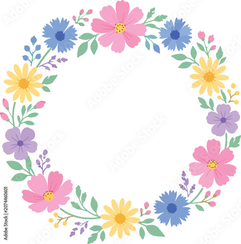 Wildflower Wreath Circle Colorful Spring Flower Round Frame Border