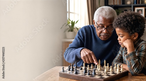 Grandfather teaching chess strategy to young grandson at home