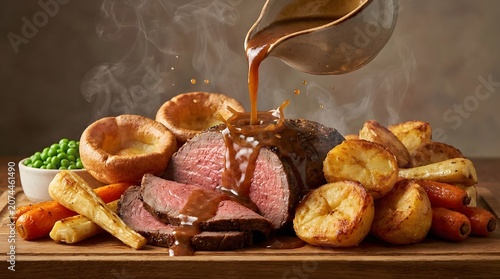 Gravy pouring over a steaming roast beef dinner with Yorkshire puddings, roasted potatoes, carrots, and parsnips on a wooden board