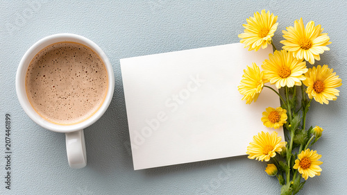Notes thank you and coffee mug with bouquet