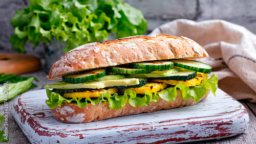 Fresh sandwich with lettuce, cucumber, and vegetables on a wooden table. Homemade, healthy, and vegetarian cuisine.