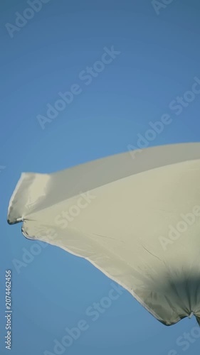 Minimal white beach umbrella under a bright blue sky with soft palm shadows dancing across the fabric. Elegant seaside scene ideal for tourism and summer lifestyle content.