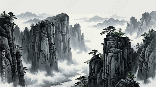 Mountainous landscape in ink wash painting style, misty peaks and valleys.