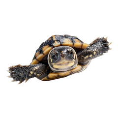 PNG of Close-up of a small, vibrant turtle swimming with a playful demeanor.