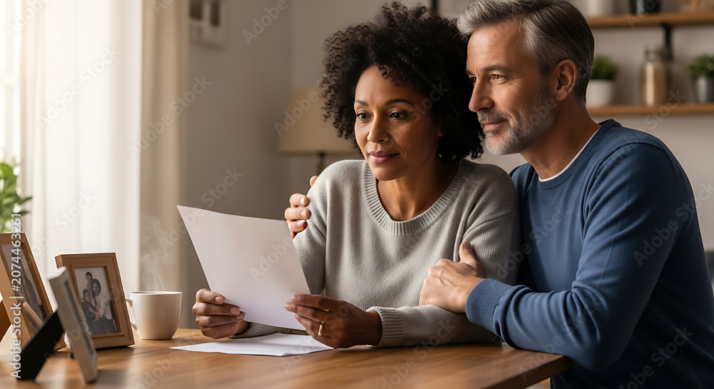 Obraz premium Mature diverse couple reading important financial documents together at home