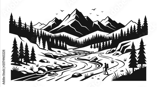 Hiker Walking Along River Through Wild Mountain Forest Landscape, Black and White Silhouette on Isolated White Background