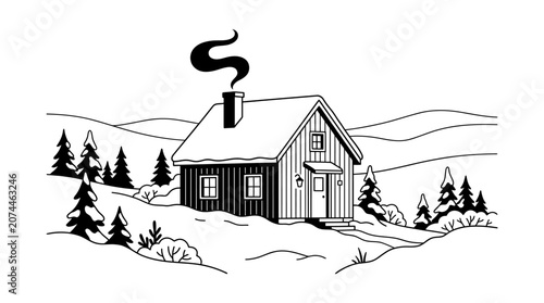 Classic Wooden House in Snowy Winter Landscape with Pine Trees and Smoking Chimney, Monochromatic Line Art on Isolated White Background