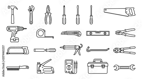 Collection of Hand Tools for Construction and DIY Projects, Monochromatic Line Art Icons on Isolated White Background