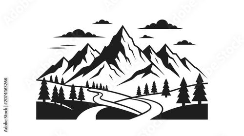 Panoramic Mountain Landscape with Winding River Road and Pine Trees, Black and White Silhouette on Isolated White Background
