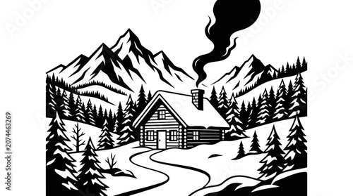 Cozy Winter Log Cabin in Snowy Forest with Smoking Chimney and Majestic Mountains, Black and White Silhouette on Isolated White Background