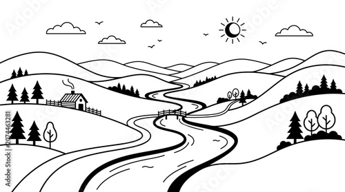 Sunny Winding Road and River Through Hilly Landscape with Pine Trees and Clouds, Monochromatic Line Art on Isolated White Background