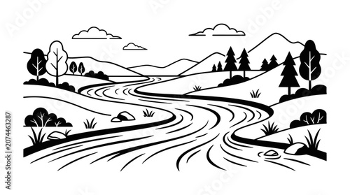 Winding River Road Through Green Hills and Forest Landscape with Blue Sky, Monochromatic Line Art on Isolated White Background