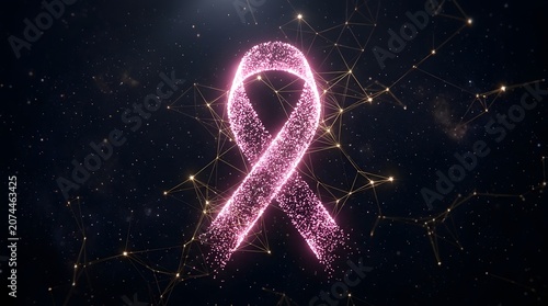 Sparkling pink ribbon symbol made of digital particles against dark space background theme.