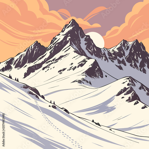 Obraz na płótnie Snowy mountain landscape with a skier descending the slope under a setting sun,