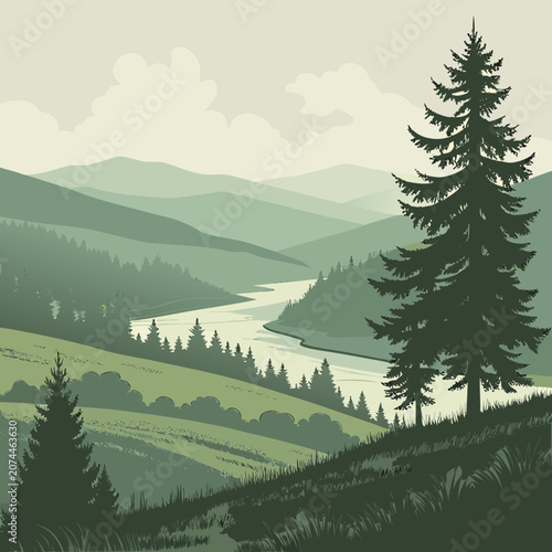 Bild auf Leinwand Panoramic view of a lush green valley with a winding river and tall pine trees,