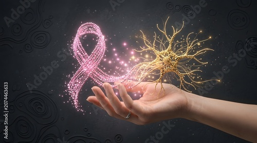 Pink breast cancer awareness ribbon concept held in hand with glowing golden neural network.