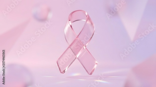 Translucent pink glass awareness ribbon symbol floating on light purple gradient background.