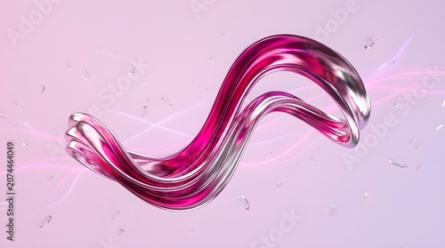 Abstract flowing pink and metallic wave shape isolated on soft pastel light purple background.
